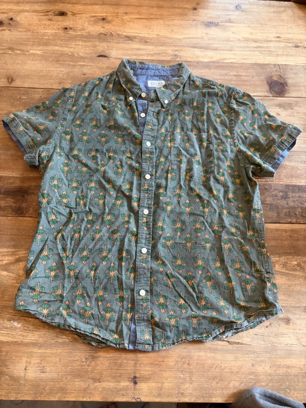 Jachs Short-Sleeve Button-Down Shirt — Men's L — Olive Green Palm Tree Print